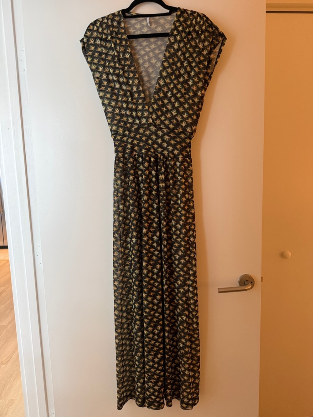Black & Mustard Printed V-Neck Mesh Maxi Dress or coverup